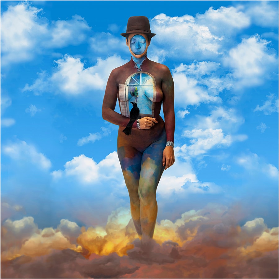 A surreal portrait of a figure with sky-blue skin standing amidst clouds. The subject wears a brown hat and has a window-like opening in their chest, revealing a bird and a glimpse of another world. This image explores themes of inner worlds, freedom, and the multifaceted nature of identity.