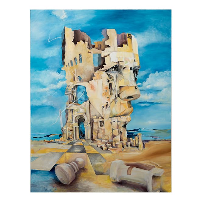 A surreal painting of a castle-like structure that blends architectural elements with human features. Set against a vivid blue sky, the building appears to be crumbling and transforming, with arches forming eyes and noses. Fallen pillars in the foreground add to the sense of deconstruction and metamorphosis.