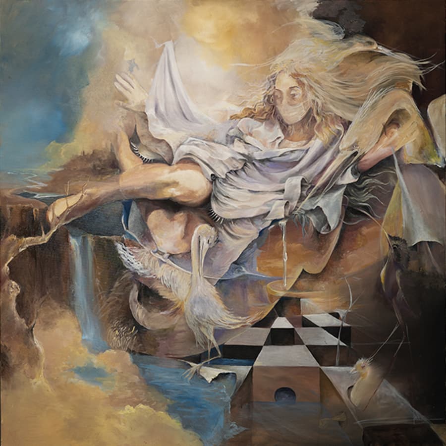 A dynamic and dreamlike painting featuring a figure in flowing white garments, seemingly caught between falling and flying. The composition blends elements of nature, such as waterfalls and clouds, with surreal geometric patterns. The artwork evokes a sense of transformation and transcendence.