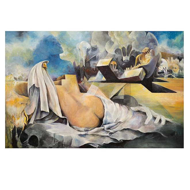 A surrealist painting depicting a dreamlike desert landscape. In the foreground, a figure draped in white stands beside a large, organic form reminiscent of human anatomy. The background features abstract geometric shapes and structures, with hints of human faces emerging from the clouds. This enigmatic scene blends elements of the human form with architectural and natural motifs, creating a mysterious and thought-provoking narrative about the relationship between humanity and its environment.